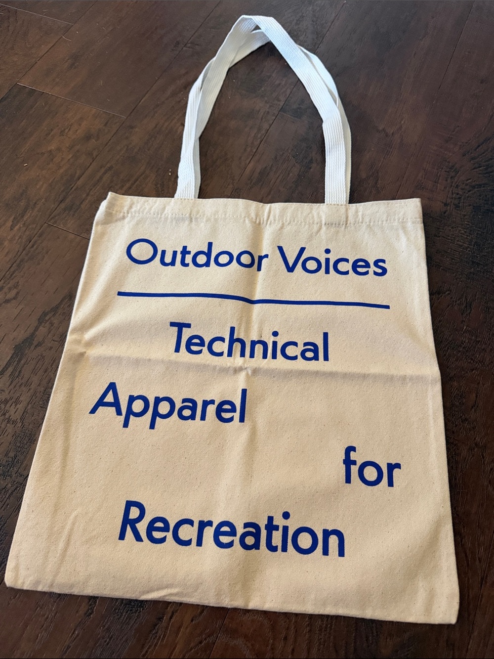 Outdoor Voices Natural Canvas Tote with Blue Logo Text